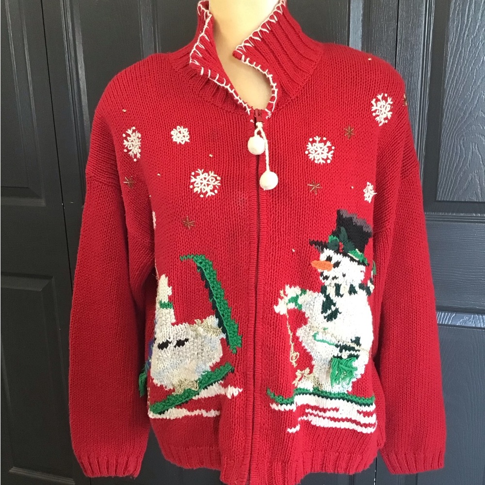 Tiara Festive Red Snowman Cardigan Vintage Granny Chic